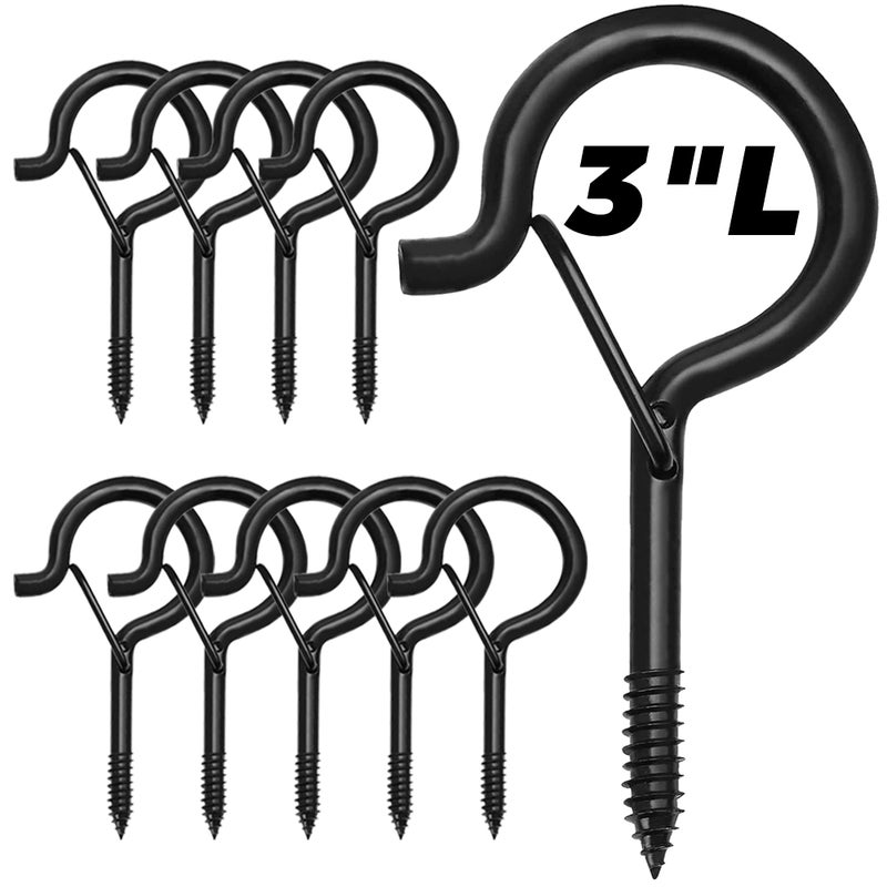 Ansxiy 10 PCS 3 inches Q-Hanger Hooks with Safety Buckle  Screw Hooks for Outdoor String Lights  Ceiling Hooks for Hanging Plants  Black - Image 1